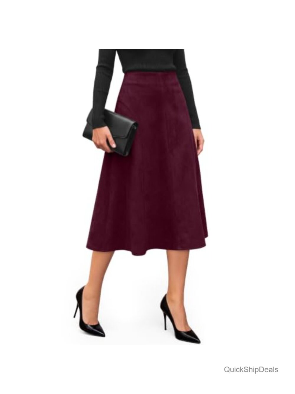 Faux Suede Midi Skirt High Waist A Line Womens Vintage Style